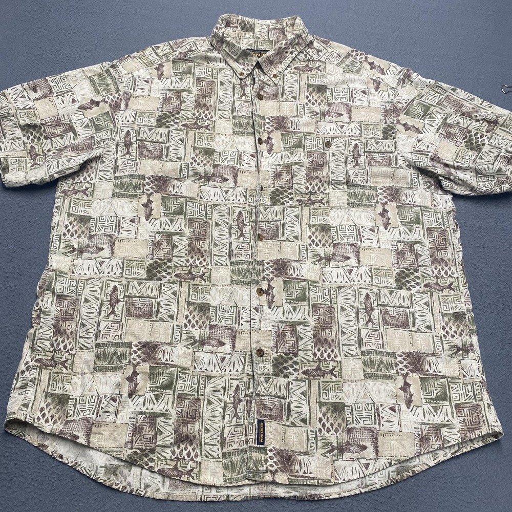 Woolrich Shirt Mens‎ XL Beige Fish Print Short Sleeve Button Up Outdoor Casual